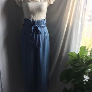 Blue straight leg trousers with waist tie